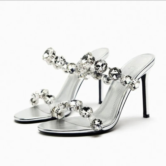 Crystal Gemstone Open Toe Sandal Slip On Heels Metallic Silver