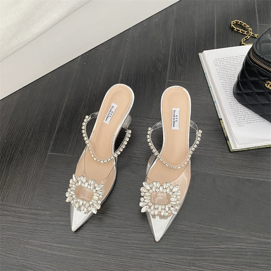 Clear Crystal Pointy Toes Medium Glass Slip On Heels